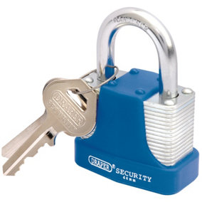 Draper 44mm Laminated Steel Padlock and 2 Keys with Hardened Steel Shackle and Bumper 64181