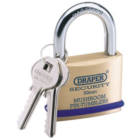Draper 50mm Solid Brass Padlock and 2 Keys with Mushroom Pin Tumblers Hardened Steel Shackle and Bumper 64162