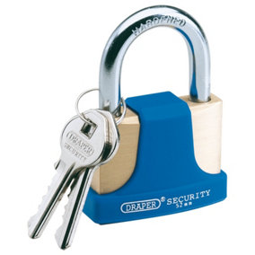 Draper 52mm Solid Brass Padlock and 2 Keys with Hardened Steel Shackle and Bumper 64166