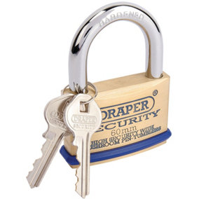 Draper 60mm Solid Brass Padlock and 2 Keys with Mushroom Pin Tumblers Hardened Steel Shackle and Bumper 64163