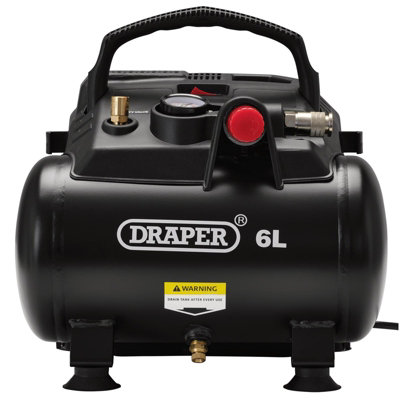 Draper 6L Oil-Free Air Compressor 1.2kW 1.5hp Portable With Pressure Gauge