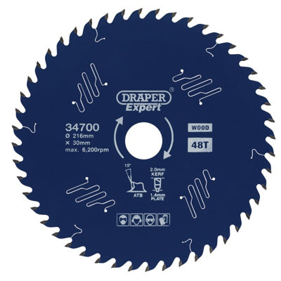 Draper Expert TCT Circular Saw Blade for Wood with PTFE Coating, 216 x 30mm, 48T 34700