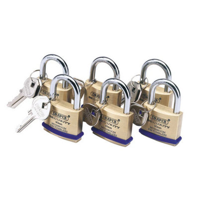 Draper Pack of 6 x 40mm Solid Brass Padlocks with Hardened Steel Shackle 67659