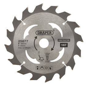 Draper  TCT Cordless Construction Circular Saw Blade for Wood & Composites, 165 x 20mm, 16T 25877