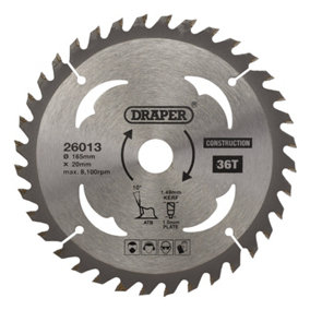 Draper  TCT Cordless Construction Circular Saw Blade for Wood & Composites, 165 x 20mm, 36T 26013