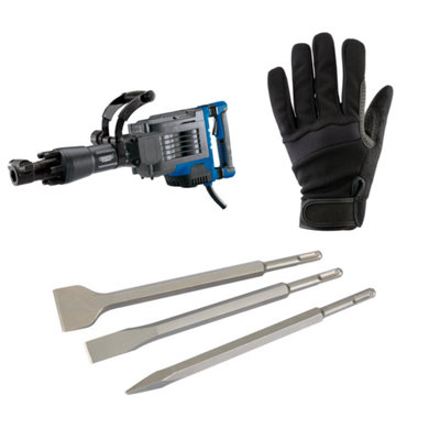 Draper Tools 18.5kg Hex Breaker, 3pc SDS+ Chisel Set & Large Performance Gloves Bundle