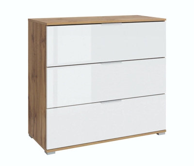 Drawer Storage Unit 95cm Chest of 3 Drawers Scandi White Gloss & Oak Effect Zele