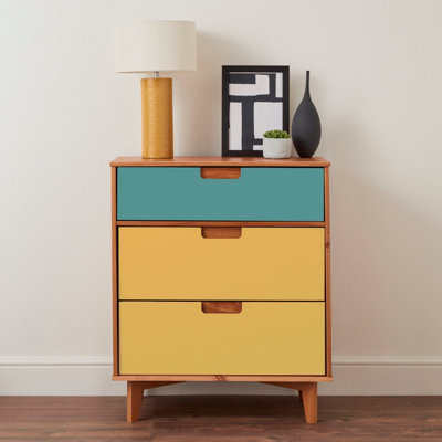 Drawers painted blue and yellow.