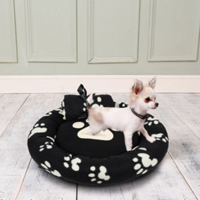 Dream Paws Pet Bed 55cm & Blanket 80cm Black Fleece Pawprint