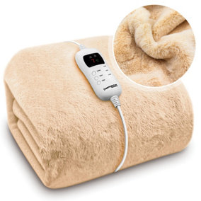 Dreamcatcher Cream Heated Throw Faux Fur Blanket 160 x 130cm Electric Blanket Thermal & Timer 9 Heat Settings