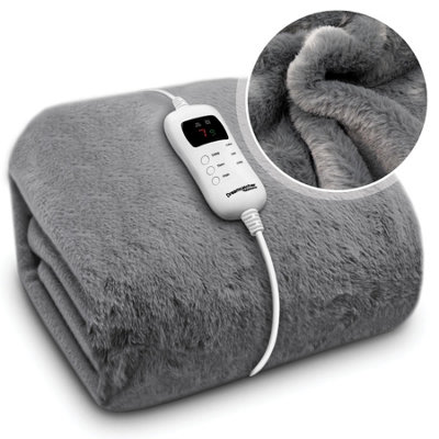 Dreamcatcher Heated Throw Electric Blanket Faux Fur 160x130cm Dark Grey Timer & 9 Heat Settings
