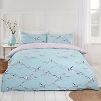 Dreamscene Blossom Bird Duvet Cover with Pillowcase Bedding, Duck Egg - Double