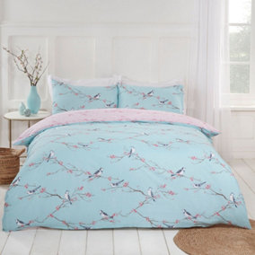 Dreamscene Blossom Bird Duvet Cover with Pillowcase Bedding, Duck Egg - Double