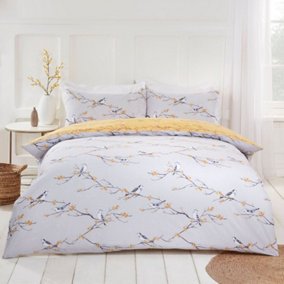Dreamscene Blossom Bird Duvet Cover with Pillowcase Bedding Set, Grey - King