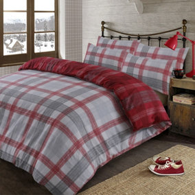Dreamscene Boston Brushed Cotton Duvet Cover Pillowcase Bedding Set, Red Double