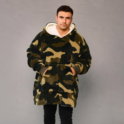 Dreamscene Camo Oversized Hoodie Blanket Giant Wearable Sherpa Sweatshirt Khaki