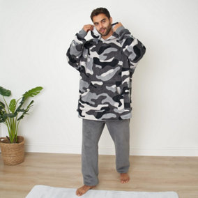 Dreamscene Camo Oversized Hoodie Blanket Wearable Sherpa Sweatshirt, Charcoal