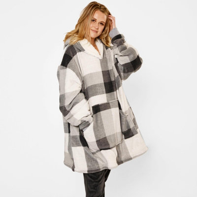 Dreamscene Check Hoodie Blanket Giant Wearable Sherpa Oversized Sweatshirt, Grey