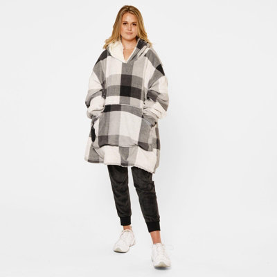 Dreamscene Check Hoodie Blanket Giant Wearable Sherpa Oversized Sweatshirt, Grey