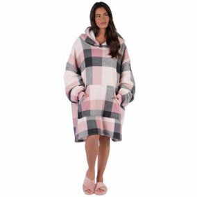 Dreamscene Check Hoodie Blanket Soft Wearable Sherpa Oversized Sweatshirt, Blush