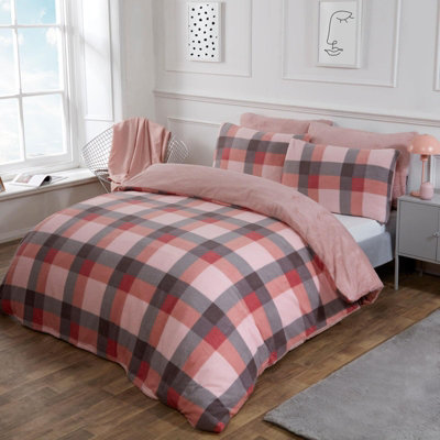 Dreamscene Check Teddy Duvet Cover Pillowcase Bedding, Blush - Superking