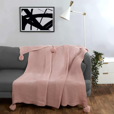 Dreamscene Chunky Knit Throw Large Pom Pom Sofa Blanket Blush