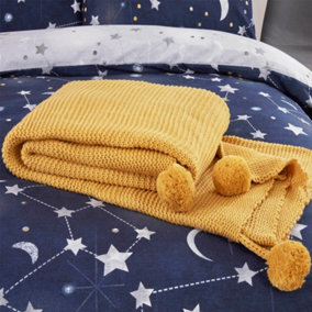 Dreamscene Chunky Knit Throw Large Pom Pom Sofa Blanket, Mustard - 150 x 180cm