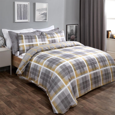 Dreamscene Denim Check Duvet Cover with Pillowcase, Ochre - Double