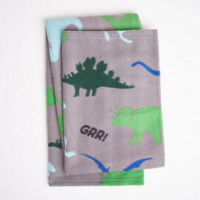 Dreamscene Dinosaur Fleece Blanket Kids Soft Warm Throw, 120 x 150cm - Grey