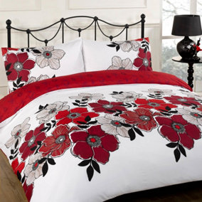Dreamscene Duvet Cover with Pillow Case Bed Set, Pollyanna Red Black Grey - Double