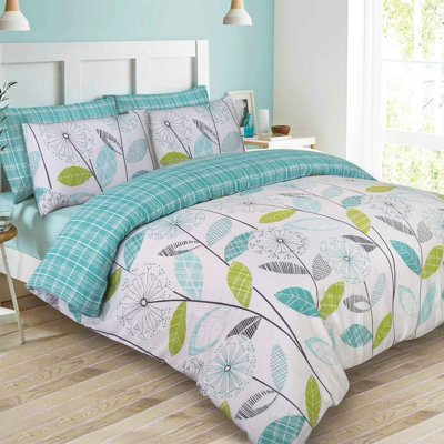 Dreamscene Duvet Cover with Pillowcase Polycotton Bedding, Allium Check Teal Green - Double