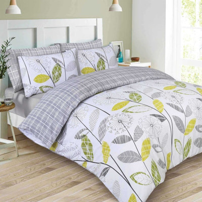 Dreamscene Duvet Cover with Pillowcase Polycotton Bedding Set, Allium Check Grey Green - Double