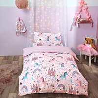 Dreamscene Duvet Cover with Pillowcase Polycotton Bedding Set, Unicorn Kingdom Blush Pink - Junior/Cot
