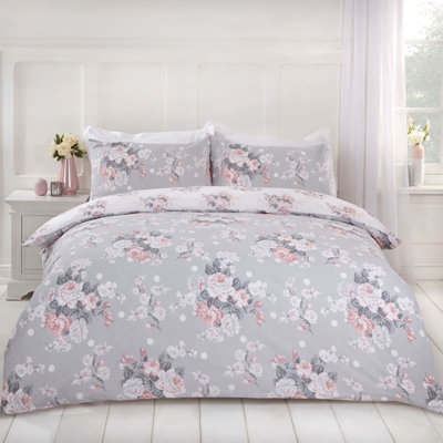 Dreamscene English Rose Duvet Cover with Pillow Case Bedding Set, Grey - Double