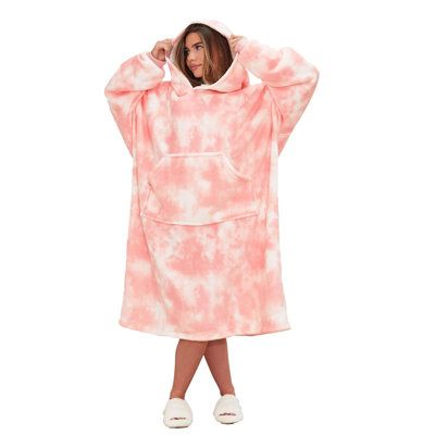 Dreamscene Extra Long TieDye Print Fleece Hoodie Blanket, Blush Adults DIY at B&Q