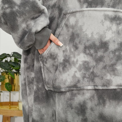 Dreamscene Extra Long Tie-Dye Print Fleece Hoodie Blanket, Charcoal - Adults