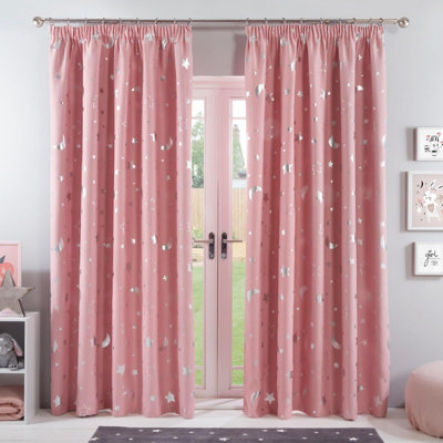 Dreamscene Galaxy Star Pencil Pleat Blackout Pair Curtains, Blush - 66" x 90