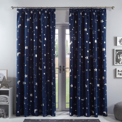 Dreamscene Galaxy Star Pencil Pleat Blackout Pair Curtains, Navy - 66" x 72