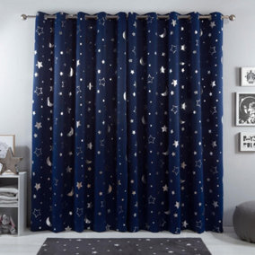 Dreamscene Galaxy Star Thermal Blackout Curtains PAIR of Eyelet Ring Panels Kids Metallic Moon - Navy Blue, 46" x 54"