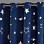 Dreamscene Galaxy Star Thermal Blackout Curtains PAIR of Eyelet Ring Top Kids Metallic Moon - Navy Blue, 66" x 72"