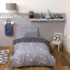Dreamscene Galaxy Stars Duvet Cover with Pillowcase Kids Bedding Set Silver Grey, Silver Grey Charcoal Stars - Junior/Cot Bed
