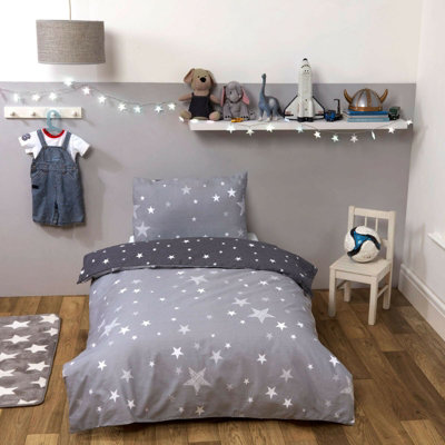 Dreamscene Galaxy Stars Duvet Cover with Pillowcase Kids Bedding Set Silver Grey, Silver Grey Charcoal Stars - Single