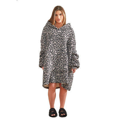 Dreamscene Leopard Print Giant Fleece Hoodie Blanket Throw, Charcoal