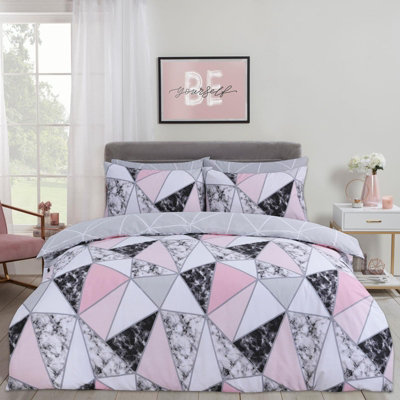 Dreamscene Marble Geo Duvet Cover with Pillowcase Bedding Set, Grey - King