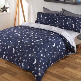 Dreamscene Moon Stars Galaxy Duvet Cover with Pillowcase Bedding Set Navy Grey - Double
