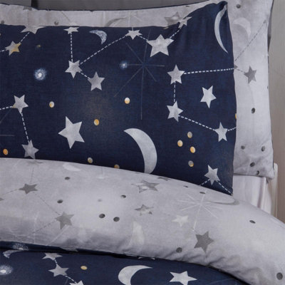 Dreamscene Moon Stars Galaxy Duvet Cover with Pillowcase Bedding Set Navy Grey - Single
