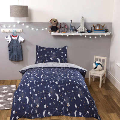 Dreamscene Night Sky Galaxy Duvet Cover with Pillowcase Set, Blue - Junior/Cot