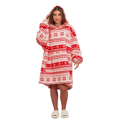 Dreamscene Nordic Print Hoodie Blanket Oversized Coral Fleece Sherpa Throw Red DIY at B Q