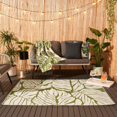 Dreamscene Palm Garden Outdoor Rug Large Waterproof, Grey White - 160 x 230cm