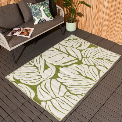 Dreamscene Palm Garden Outdoor Rug Large Waterproof, Grey White - 160 x 230cm